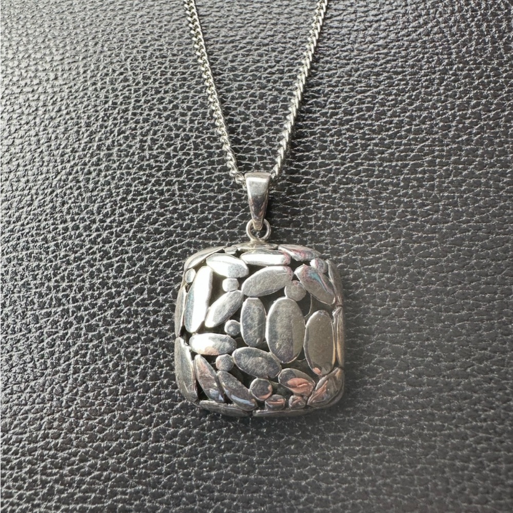 925 Sterling Silver Bali Cobblestone Puffed Square Pendant Vintage